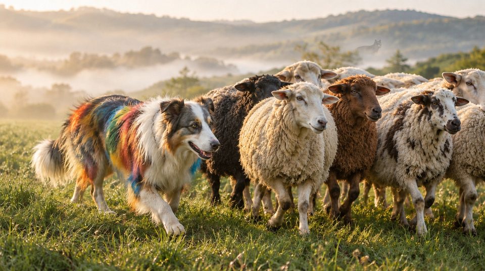 Ein Hütehund mit buntem Fell läuft neben einer gemischten Herde aus weißen, schwarzen, braunen und gefleckten Schafen. Hinten im Morgennebel steht klein ein Wolf.