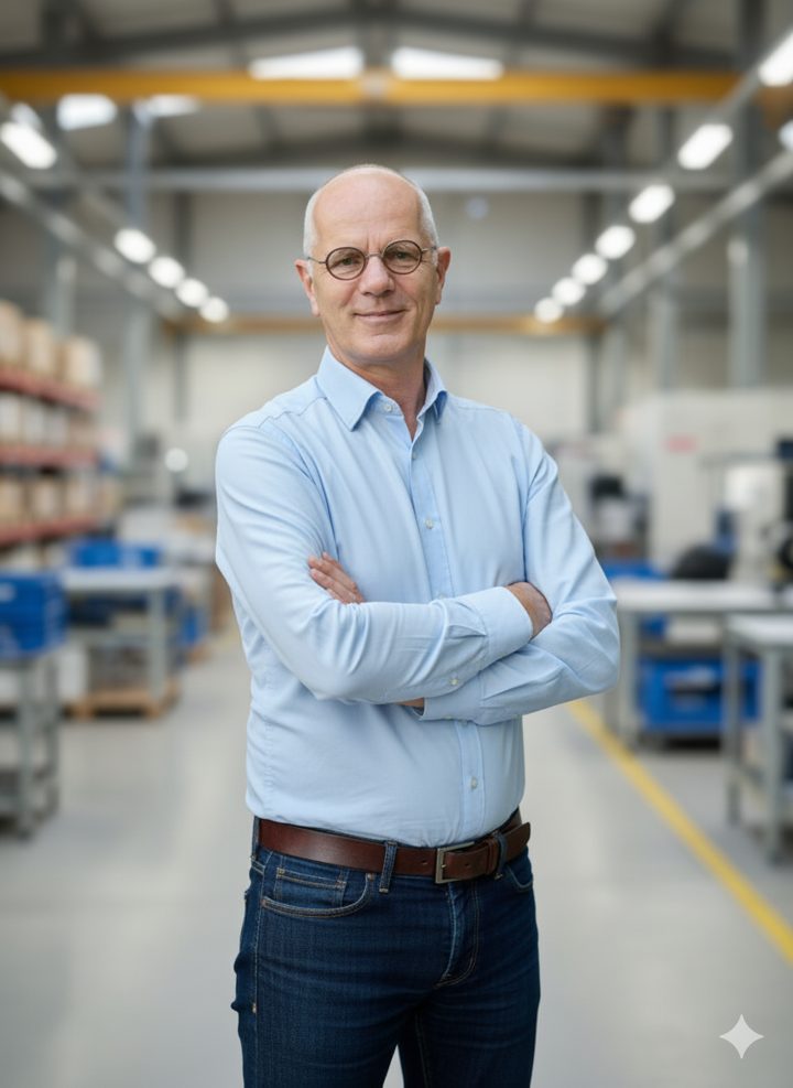 Werner Schmidt mit verschränkten Armen in einer Fertigungshalle, lächelnd, mit runder Brille und hellblauem Hemd